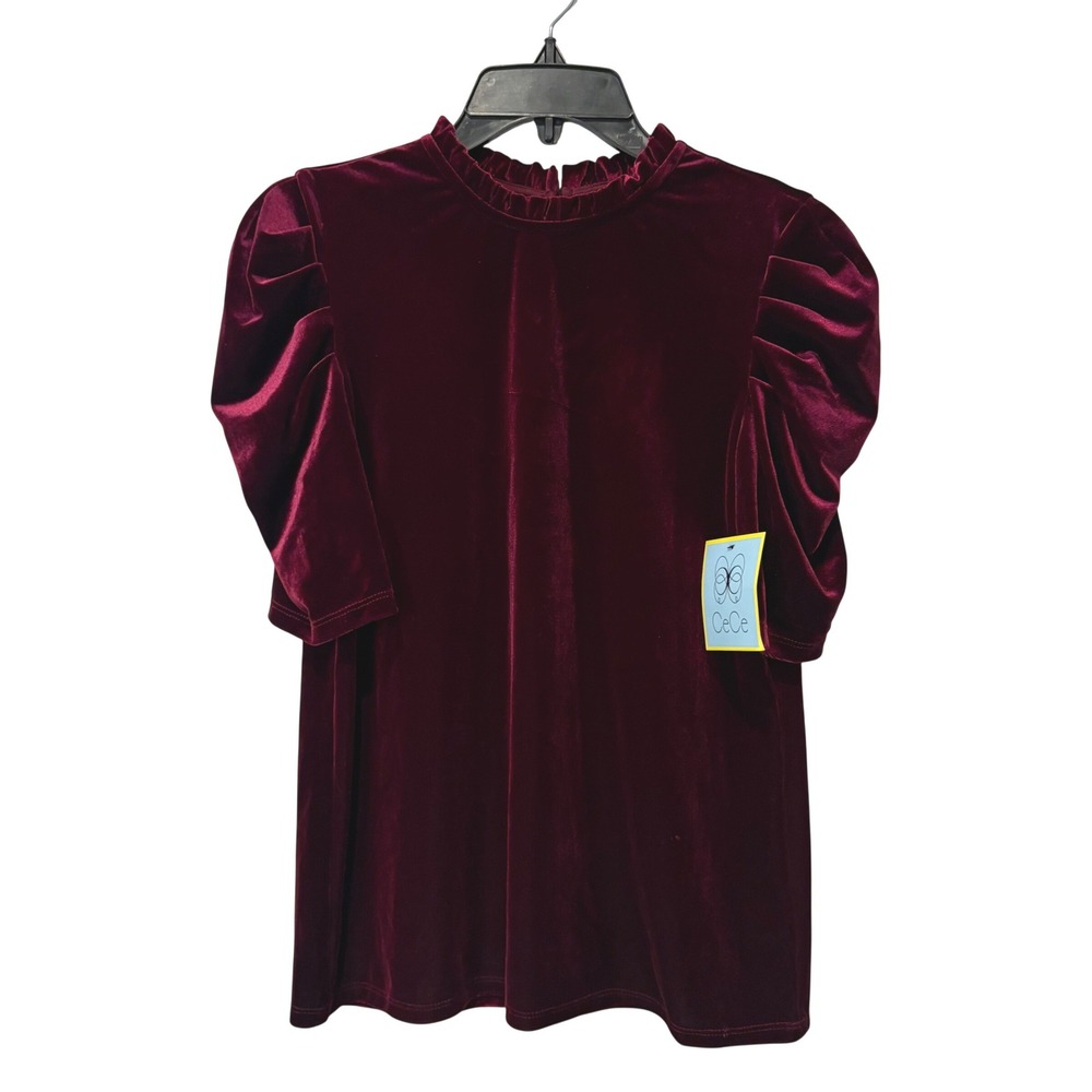 CeCe Women Burgundy Velvet Puff Sleeve Mock Neck Ruffle Top Small NEW